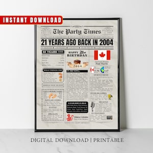 CANADA 21e anniversaire journal imprimable, 2004 Canada 21e anniversaire cadeau, 2004 affiche d'anniversaire, il y a 21 ans en 2004 décoration de fête à la maison