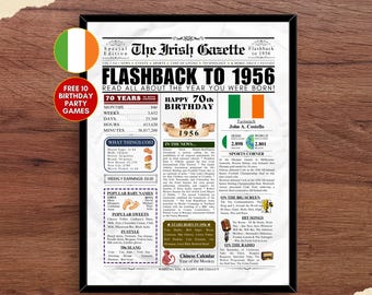 1956 in IERLAND 70e verjaardag krant poster, IERSE feiten 70 jaar geleden terug in 1956 70e verjaardag cadeau-idee voor moeder vader mannen vrouwen