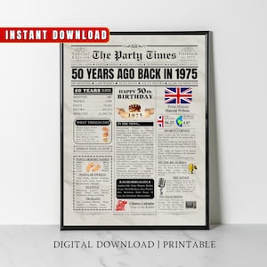 1975 UK 50th Birthday Newspaper Print United Kingdom 50th Birthday Gift 1975 Birthday Poster 50 Years Ago Back in 1975 print Facts About UK
