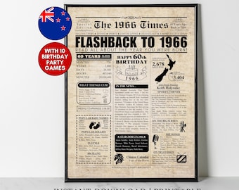 1966 NEW ZEALAND 60th Birthday Newspaper Print New Zealanders 60th Birthday Gift Kiwi Birthday Poster for Him Her Men Women Husband Wife