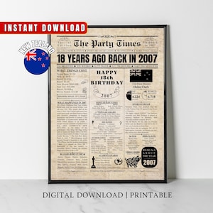 2007 NEUSEELAND 18.Geburtstag Zeitungsdruck, Neuseeländer 18.Geburtstag Geschenk, Kiwi Geburtstag Poster, 2007 Wohnkultur Party Schild Wandkunst
