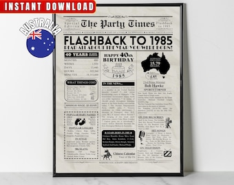 1985 AUSTRALIA 40th Birthday Newspaper Print Australian 40th Birthday Gift 1985 Birthday Poster 40 Years Ago Back in 1985 print Aussie