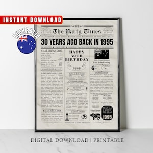 1995 AUSTRALIA 30th Birthday Newspaper Print Australian 30th Birthday Gift 1995 Birthday Poster 30 Years Ago Back in 1995 print Aussie