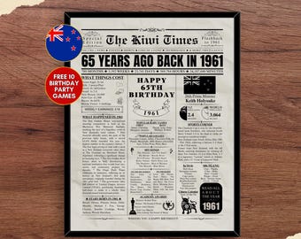 Neuseeland 1961 – Zeitungsdruck zum 65. Geburtstag – Geschenk für Neuseeländer zum 65. Geburtstag – Kiwi-Poster von 1961 für Mama, Papa, Ehemann und Ehefrau