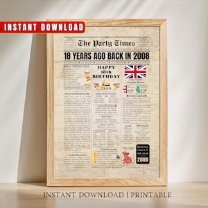 2008年イギリス18歳の誕生日新聞 | イギリス人男性、女性、息子、娘への18歳の誕生日プレゼント | 2008年イギリス | 印刷可能