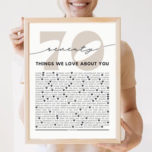 May include: A printable poster with a beige background and black text. The poster features the number 70 in large black font with the word "seventy" underneath. The poster lists 70 things we love about you, with a heart symbol next to each item.
