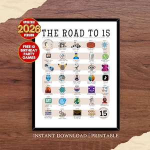 May include: A black framed print titled "The Road to 15" with the updated 2026 version. The print features a timeline of events from the year of birth to the present day. Includes the text "Instant Download | Printable".