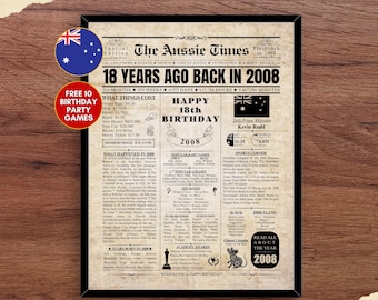 2008 AUSTRALIA 18th Birthday Newspaper Print Australian 18th Birthday Gift 2008 Birthday Poster 18 Years Ago Back in 2008 print Aussie