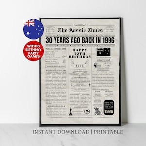 以下が含まれることがあります： 1996年の30歳の誕生日を祝う「The Aussie Times」と題された新聞の表紙としてデザインされた額入りのプリント。見出し、生活費、文化的な参照が含まれています。オーストラリアの国旗と「Instant Download | Printable」の文字が特徴です。