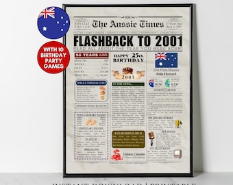 2001 AUSTRALIEN Druck 25.Geburtstag Zeitung Druck Australier 25.Geburtstag Geschenk 2001 Geburtstag Poster vor 25 Jahren Zurück in 2001 Aussie