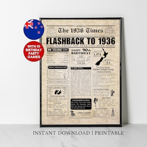 May include: A framed print designed as a vintage newspaper, titled "The 1936 Times". It features information from 1936, including news, popular baby names, and hit songs. Includes a New Zealand flag and text "Instant Download | Printable".