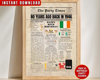 Jornal irlandês de 1946 comemorando o 80º aniversário | Presente de aniversário de 80 anos para homens, mulheres, avós, avós, mães e pais | Pôster "De volta à Irlanda em 1946" | Placa para imprimir
