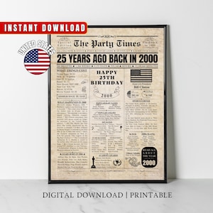 25th Birthday Newspaper 2000 AMERICAN 2000 Newspaper Poster USA facts 30 Years Ago Back in 2000 Birthday Gift for Son Daughter Men Women