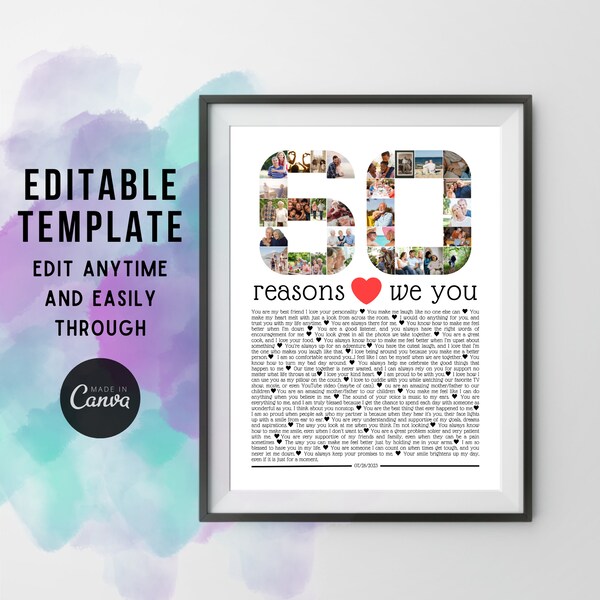 60 Reasons We Love You Custom Photo Collage, Mom Dad 60th Birthday Gift Idea, Editable Template, DIY Bday Present, 1964 Celebration Party