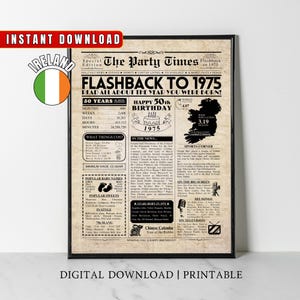 1975 en IRLANDA, cartel del 50 cumpleaños hace 50 años, datos curiosos irlandeses, regalo de 1975 para mamá, papá, hijo, hija, él, ella, hombres y mujeres irlandeses
