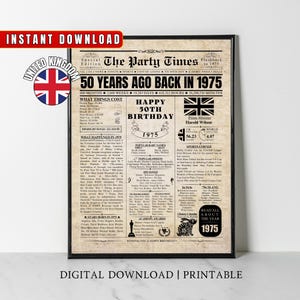 1975 UK 50. Geburtstag Zeitung Druck Großbritannien 50. Geburtstag Geschenk 1975 Geburtstag Poster vor 50 Jahren Zurück in 1975 Druck Fakten über Großbritannien