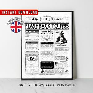 40th Birthday Newspaper 1985 UK Newspaper Poster BRITISH facts 40 Years Ago Back in 1985 40th Birthday Gift for Men and Women UK Facts