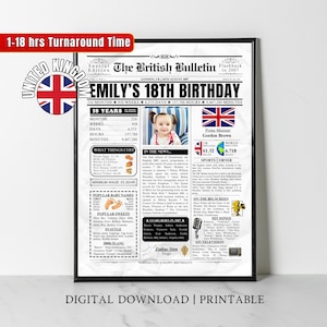 18. Geburtstag Zeitungsposter, Druckbare 18. Geburtstag Party Dekoration, Geburtstagsposter mit Highlights und Neuigkeiten aus dem Jahr 2007 in UK Version