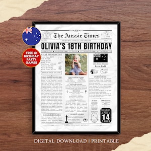 May include: A framed print designed as a newspaper front page, titled "The Aussie Times," celebrating "Olivia's 18th Birthday." The print includes a photo of a young girl, along with details about the year 2008, and the text "Digital Download | Printable."