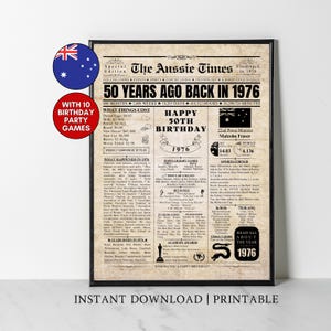 Pode incluir: Uma impressão emoldurada com um design de jornal vintage, intitulada "The Aussie Times", celebrando um 50º aniversário em 1976. A impressão inclui informações sobre o ano, como custos, eventos e cultura popular. Inclui o texto "Instant Download | Printable."