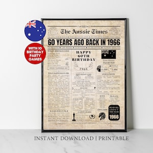 Pode incluir: Impressão emoldurada de "The Aussie Times", celebrando um 60º aniversário em 1966. O design imita um jornal vintage, com manchetes, preços e referências culturais daquele ano. Inclui "Com 10 jogos de festa de aniversário".