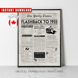 Regalo de 70 cumpleaños en Canadá, póster de periódico de 70 cumpleaños, tarjeta imprimible de 1955 en Canadá, regalo de decoración de fiesta de cumpleaños para mamá, papá, abuela y abuelo
