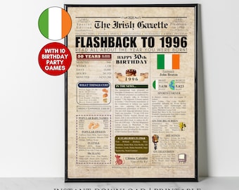 1996 Irish 30th Birthday Newspaper Poster IRELAND facts 30 Years Ago Back in 1996 30th Birthday Gift Idea for Irish Men Women Son Daughter