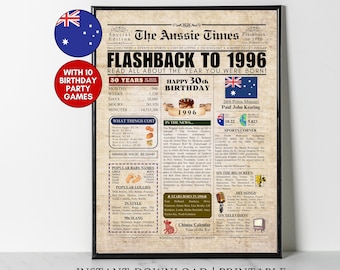 1996 AUSTRALIA 30th Birthday Newspaper Print Australian 30th Birthday Gift 1996 Birthday Poster 30 Years Ago Back in 1996 print Aussie