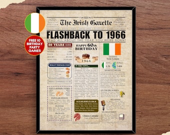 1966 Ierse 60e verjaardag krant poster IERLAND feiten 60 jaar geleden terug in 1966 60e verjaardag cadeau-idee voor Ierse mannen vrouwen zoon dochter