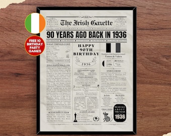 1936 Irish 90th Birthday Newspaper Poster IRELAND facts 90 Years Ago Back in 1936 90th Birthday Gift Idea for Irish Men Women Mum Dad Parent
