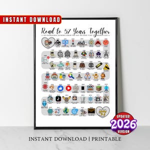 May include: A framed print titled "Road to 57 Years Together" with a timeline of significant events from 1970 to 2026. The print includes icons and text, with a heart-shaped graphic and the words "Instant Download".