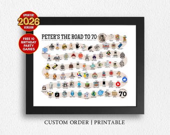 May include: A framed poster titled Peter's The Road to 70, featuring a winding timeline of historical events and pop culture icons from 1956 to 2026. The white print includes small colorful illustrations, dates, and text labels, all enclosed in a black frame.