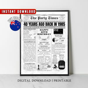 Cartaz de presente de aniversário de 40 anos para filho, filha, esposa e marido, impressão de jornal de aniversário de 40 anos, decoração de festa de 1985, arte de parede para casa de 1985, NOVA ZELÂNDIA