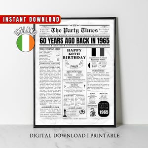 Afiche de periódico del 60.º cumpleaños irlandés de 1965 Datos sobre Irlanda hace 60 años En 1965 Idea de regalo del 60.º cumpleaños para hombres, mujeres, hijos e hijas irlandeses