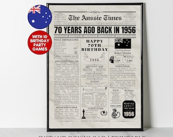 1956 AUSTRALIA 70th Birthday Newspaper Print, Australian 70th Birthday Gift, 1956 Birthday Poster, Aussie Wall Art, 1956 Bday Party Decor