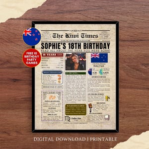 Puede incluir: Una impresión enmarcada diseñada como una portada de periódico, titulada "The Kiwi Times", que celebra el 18 cumpleaños de Sophie. La impresión incluye el texto "Read all about the year you were born!" y presenta una foto de una joven.