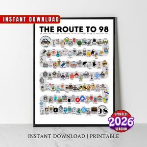May include: A framed print titled "The Route to 98," featuring a timeline of events from 1928 to the present. The print includes icons representing various historical moments and is labeled as an "Instant Download" and "Printable" version.
