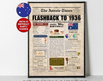 1936 AUSTRALIA 90th Birthday Newspaper Print Australian 90th Birthday Gift 1936 Birthday Poster 90 Years Ago Back in 1936 print Aussie Print
