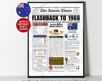 May include: A black and white poster titled The Aussie Times Flashback to 1966, featuring historical facts, pop culture, and statistics from 1966. The design includes a birthday cake graphic, the Australian flag, and text detailing 60 years of time.