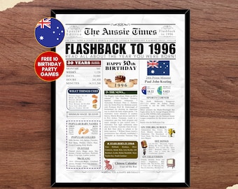 1996 AUSTRALIA 30th Birthday Newspaper Print Australian 30th Birthday Gift 1996 Birthday Poster 30 Years Ago Back in 1996 print Aussie