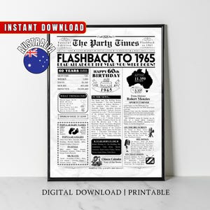 1965 AUSTRALIE 60e anniversaire, impression de journal, cadeau australien de 60e anniversaire, affiche d'anniversaire de 1965, il y a 60 ans, en 1965, impression d'Aussie Facts