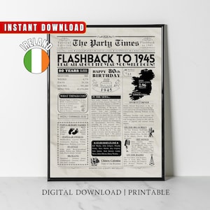 Afiche de periódico del 80.º cumpleaños irlandés de 1945 Datos sobre Irlanda hace 80 años en 1945 Idea de regalo para el 80.º cumpleaños para hombres, mujeres, mamás, papás y padres irlandeses