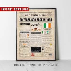 Afiche de periódico del 60.º cumpleaños irlandés de 1965 Datos sobre Irlanda hace 60 años En 1965 Idea de regalo del 60.º cumpleaños para hombres, mujeres, hijos e hijas irlandeses