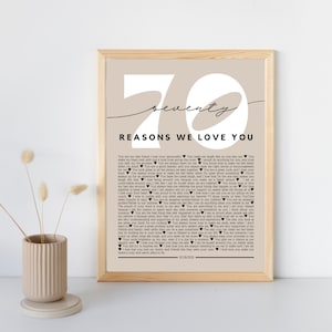 70 razones por las que te amamos, regalo de cumpleaños número 70 para él, sus hombres y mujeres, setenta años, cartel imprimible personalizado de aniversario, 1953, te amo