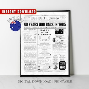 AUSTRALIE Journal des 40 ans à imprimer, cadeau de 40 ans australien de 1985, affiche d'anniversaire de 1985, il y a 40 ans, décoration de fête en 1985