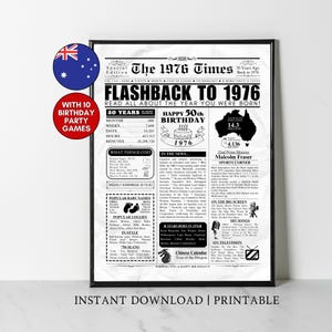 May include: A framed black and white print titled "The 1976 Times," celebrating a 50th birthday. The print includes news headlines, popular baby names, and the cost of living from 1976. Includes a small Australian flag.