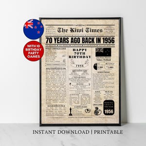 以下が含まれることがあります： 「The Kiwi Times」と題された、70歳の誕生日を祝う額入りのプリント。見出しは「70 Years Ago Back in 1956」です。デザインにはニュージーランドの国旗、歴史的事実、「Happy 70th Birthday」のバナーが含まれています。10個の誕生日パーティーゲームが含まれています。