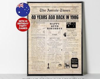 1986 AUSTRALIA 40.Geburtstag Zeitungsdruck Aussie Geschenk 40th Birthday Print 1986 Birthday Print Aussie