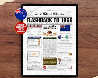 1966 NEW ZEALAND 60th Birthday Newspaper Print New Zealanders 60th Birthday Gift Kiwi Birthday Poster for Him Her Men Women Husband Wife