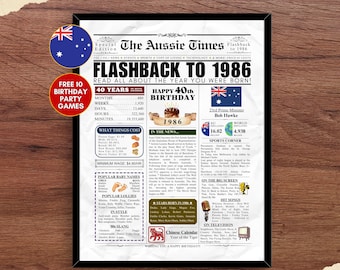 1986 AUSTRALIA 40.Geburtstag Zeitungsdruck Aussie Geschenk 40th Birthday Print 1986 Birthday Print Aussie